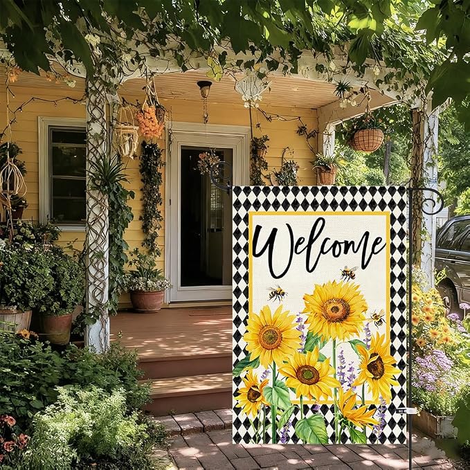 Baccessor Spring Summer Garden Flag 12.5x18 Inch Double Sided Burlap, Sunflowers Floral Flowers Welcome Holiday Front Yard Lawn Outdoor Outside Decoration