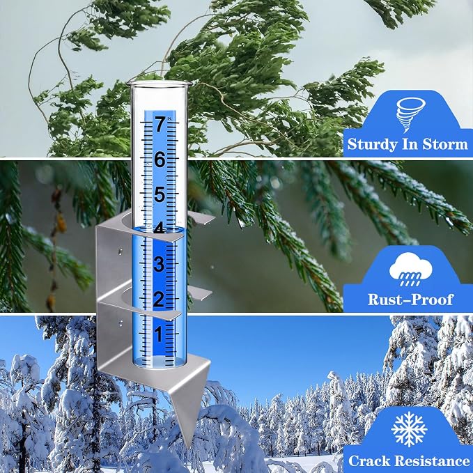 Rain Gauge,Rain Gauges Outdoors Best Rated with Stainless Steel Mounting Rack Holder,Freeze Proof Plastic Replacement Tube,Large Numbers,Rain Measure Gauge for Yard Garden Fence Lawn Patio Farm (7")