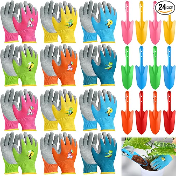 Gisafai 24 Pcs Mini Colorful Metal Hand Shovel and Glove Set Shovel Spade Gloves Digging Trowel Set Kids Gardening Gloves 12 Pcs 11 x 3 Inch