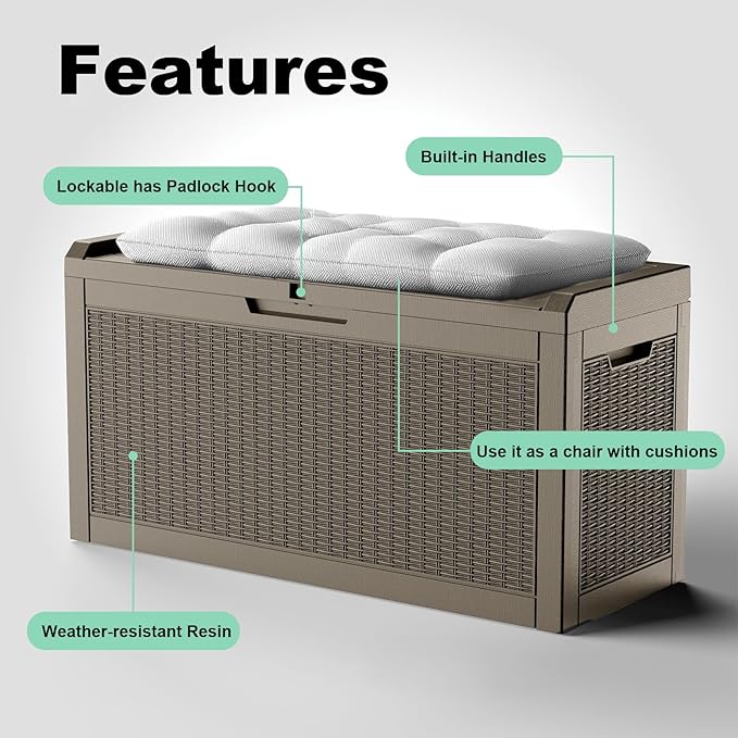EasyUp 70 Gallon Deck Boxes Outdoor Waterproof, Resin Outside Storage Box for Patio Cushion Furniture Pool Accessories Garden Tools Indoor Outdoor Storage Bench (70 Gallon, Grey)