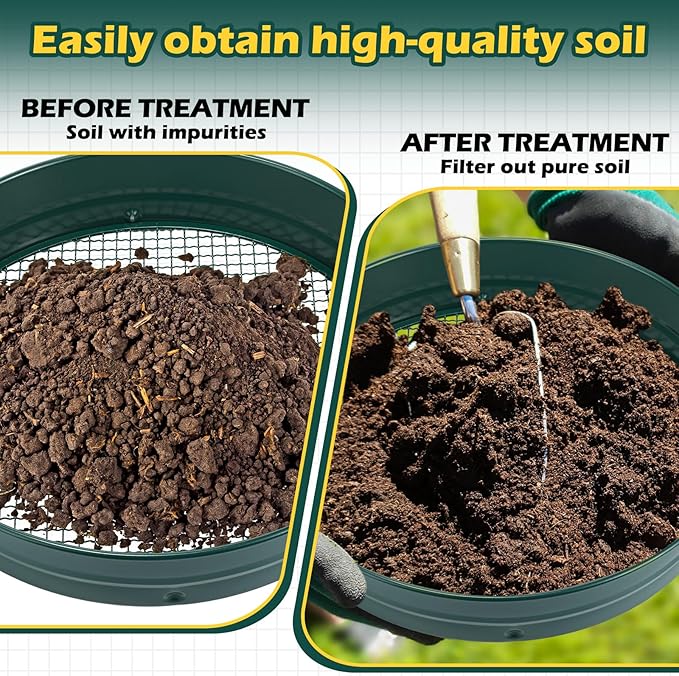 Funnymoom Soil Sifter for Gardening with 1, 3, 6, 9, 12 mm Sieve Mesh Compost Dirt Sifter with Handle Large Garden Sand Soil Rock Sieve 17.7" l x 13.8" W for Sand Rocks Pellet Gravel (Green)
