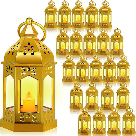 Hortsun 24 Pcs Vintage Lanterns Mini Lantern for Wedding Table Centerpiece Retro Decor with LED Candle Battery Powered Hanging for Medieval Wedding Cowboy Halloween Party Decoration Supplies(Glitter)