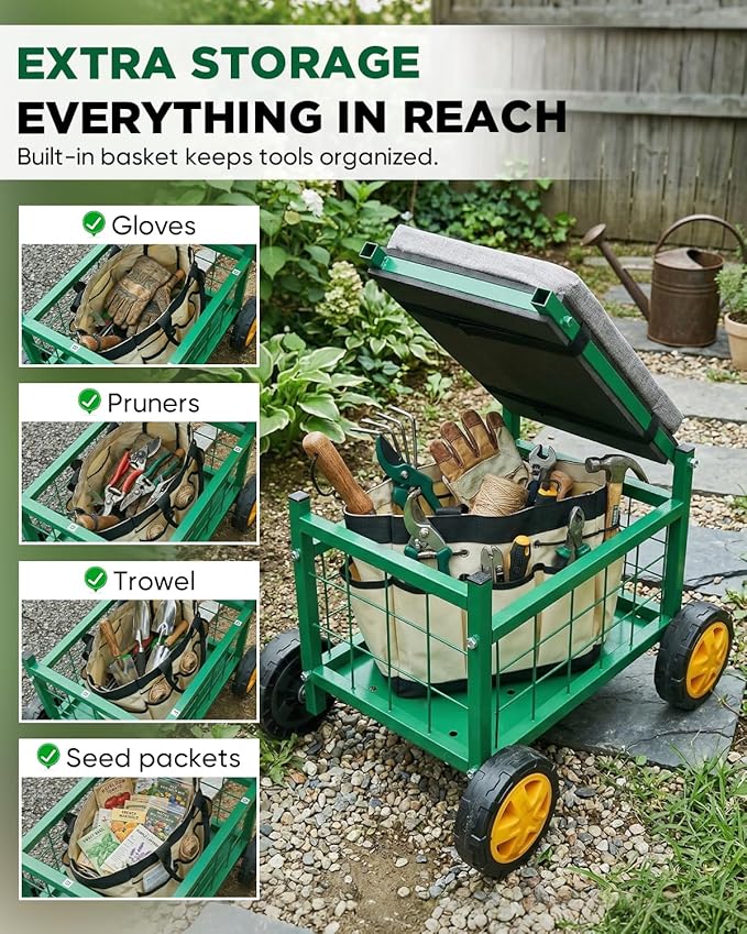 Saker Rolling Garden Cart with Seat & Wheels - 15.7'' EVA Padded Rolling Stool, 500 lb Steel Frame, Large Storage Basket - Garden Wagon Workseat for Patio Lawn Yard (Luxury Version)