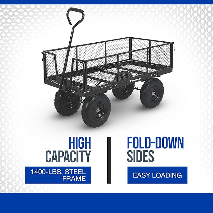 Strongway Steel Jumbo Garden Wagon with Removable Sides, 1400 Lb Capacity, 50 in. L x 24.1 in. W x 26.75 in. H, 13 in. Pneumatic Tires, Fold Down Panels, for Yard, Farm and Landscaping