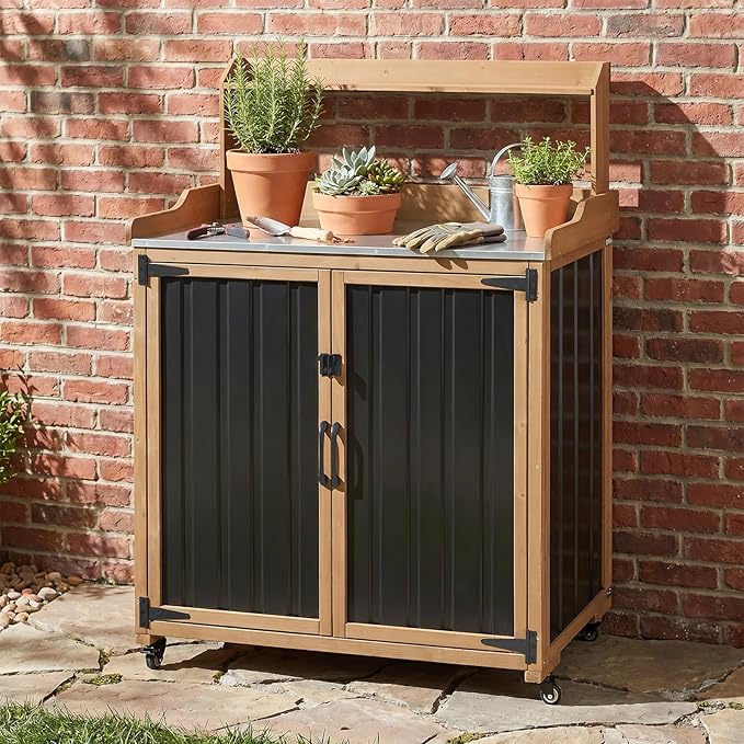 Outdoor Storage Cabinet with 4 Wheels and Handle, Metal & Wood Potting Bench Storage Cabinets with Waterproof Top, Removable Shelf, Potting Table & Workstation for Garden, Patio, Balcony, Garage