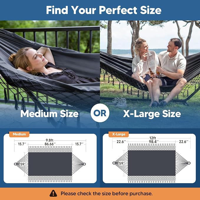SUNCREAT Hammocks Outdoor Camping Double Hammock with Tassel, Fabric Hammock for Backyard, Dark Gray