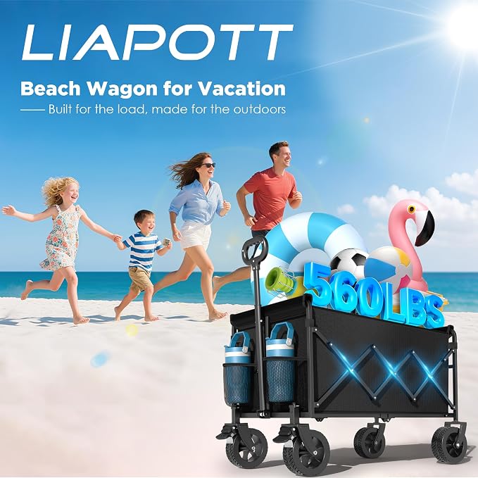 Wagons Carts Foldable, Beach Wagon with Brakes & All-Terrain Wheels 560LBS Capacity Collapsible Wagon for Trips, Outdoor Camping, Sports & Garden Use