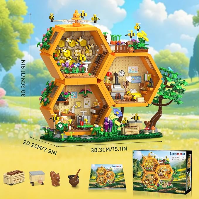 INSOON Bee Farm House Building Set with Light, 1773PCS Honey Cabin Building Block Toy with Flower Botanical Animals, Home Decor Treehouse Construction Model Kit, Gift for for Adults Boys Girls 12+