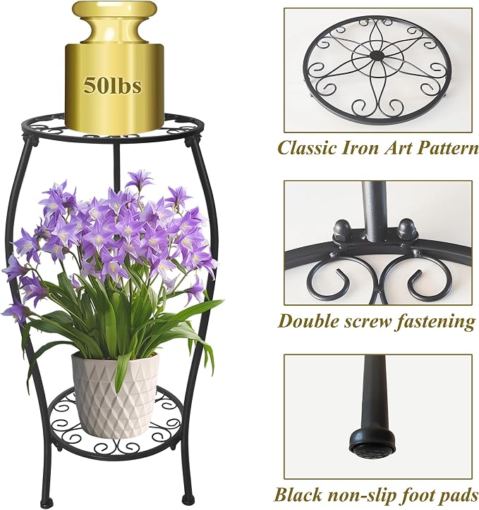 Metal Plant Stand 2 Tier Indoor Outdoor, Tall Flower Pot Shelf Rustproof Stable Corner Stand, 25.2 inch Multiple Plant Display Rack for Living Room Patio Balcony Garden