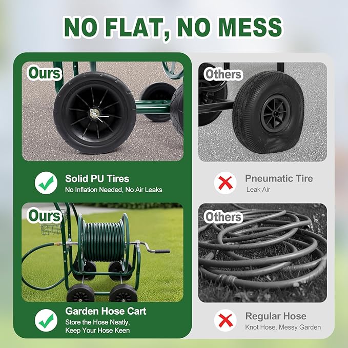 VINGLI 300FT 5/8in Garden Hose Reel Cart, 4-Wheel Portable Residential Hose Reel Cart, Hose Guide System with Storage Basket, Rust Resistant, for Family Yard, Garden and Farm (Green)