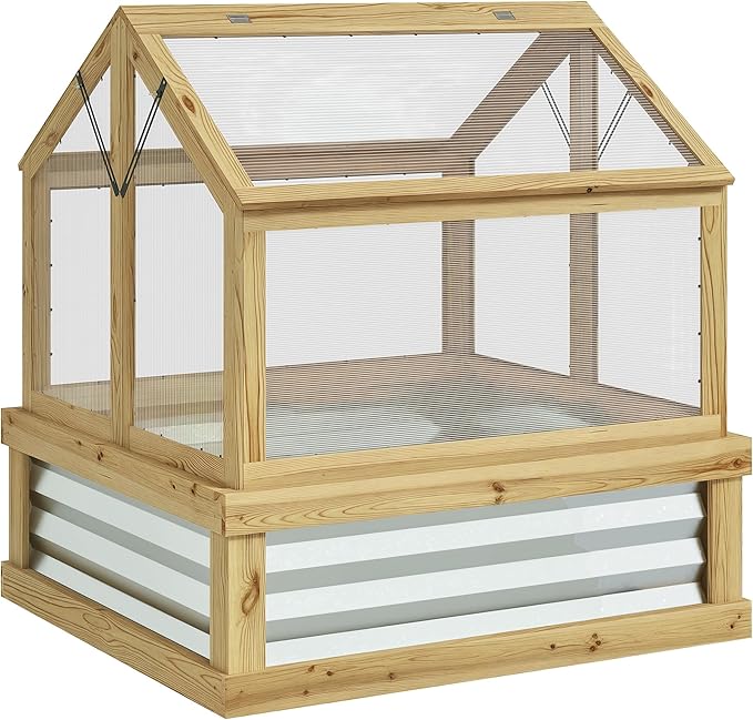 Outsunny Raised Garden Bed with Polycarbonate Greenhouse, Wooden Cold Frame Greenhouse, Garden Flower Planter Protection, Peak Roof, 35.5" x 31.5" x 36", Natural