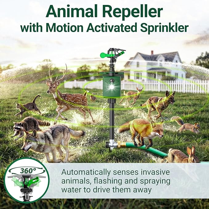 2 Packs Motion Activated Deer Repellent with Water Sprinkler, Solar Powered Cat Repellent Outdoor, IP65 Waterproof Deer Repellent Devices with Flashing Light, Deter Dogs Skunks Raccoons from Garden