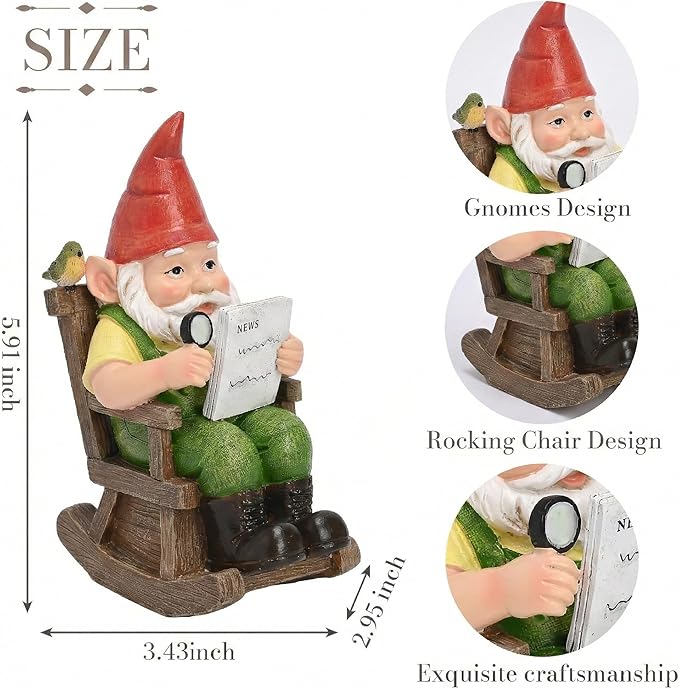 TERESA'S COLLECTIONS Garden Outdoor Decor,Gnomes Sitting in a Rocking Chair Reading a Newspaper，Gnomes Garden Decor, Waterproof Resin Garden Statue, Garden Gift, Indoor/Outdoor, 6"