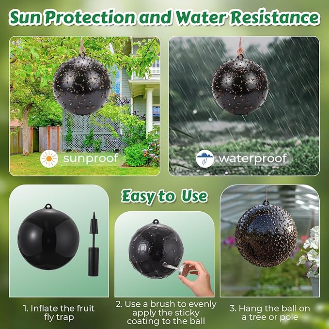 2 Pcs Large Fly Trap Balls Hanging Fruit Fly Traps Outdoor Adhesive Insect Balls with a Sticky Coating Glue Air Pump Insect Catch Sticky Bug for Farm Orchard Deerflies Mosquito (Black)