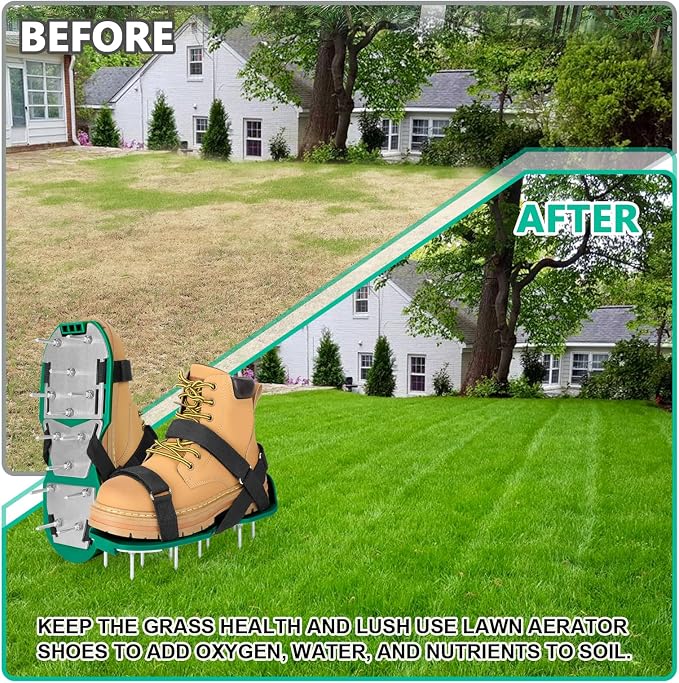 MOFEEZ Lawn Aerator Shoes for Grass - Pre-Assembled Grass Aerator Shoes for Lawn - Soil Yard Aerator Tool for Aerating Patio Garden, Green, Medium