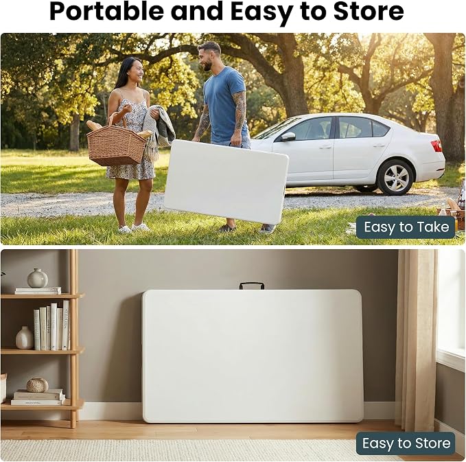 5 Pack of 8 Foot Foldable Table with Built in Handle & Steel Legs, 8FT Portable Heavy Duty Plastic Folding Tables for Parties, Dining, Wedding, Events, Picnic, Indoor & Outdoor, Camping, Utility