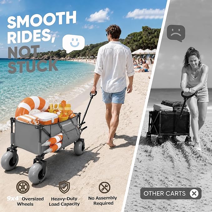 X800 Heavy Duty Beach Wagon with 9x4 Balloon Wheels – 200L Foldable Wagon Cart, 41" Collapsible Utility Wagon with Side Bag for Beach Essentials, Sports, Camping & Outdoor (Charcoal Gray)