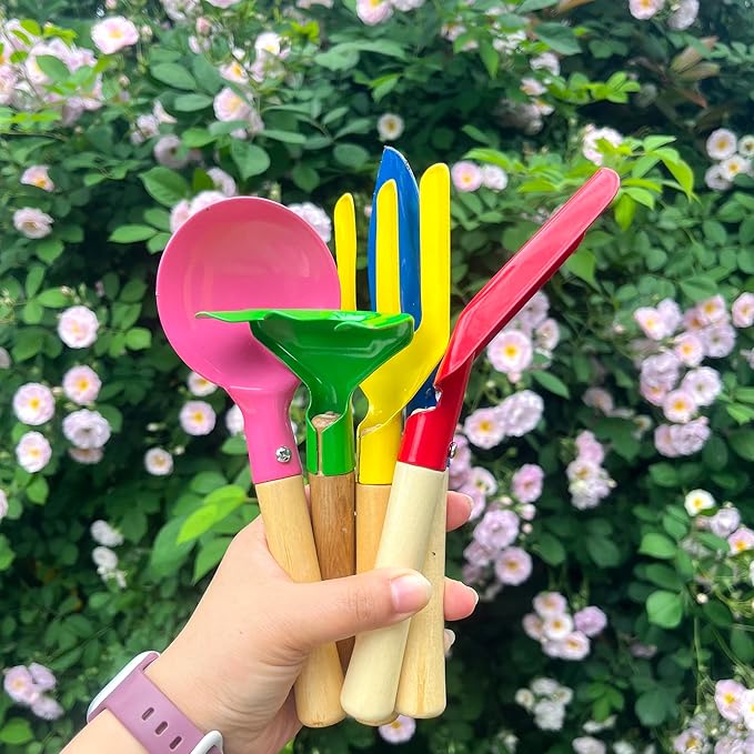 Gardening Tools Set, 5PCS Gardening Tools Metal with Sturdy Wooden Handle Safe Gardening Tools 8" Beach Sandbox Toy