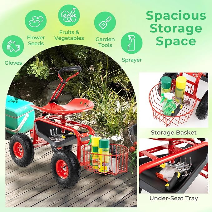 Garden Seat with Wheels, Rolling Stool with Extendable Handle, Storage Basket & Tool Tray, Garden Scooter with 360 Degree Swivel Seat for Outdoor & Yard (Red)
