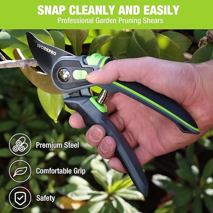 WORKPRO Bypass Pruning Shears, 9" Professional Garden Shears with Adjustable Handle Span, Premium Steel Garden Clippers, Titanium Coated Garden Tool, Cuts Up to 3/4 Inch
