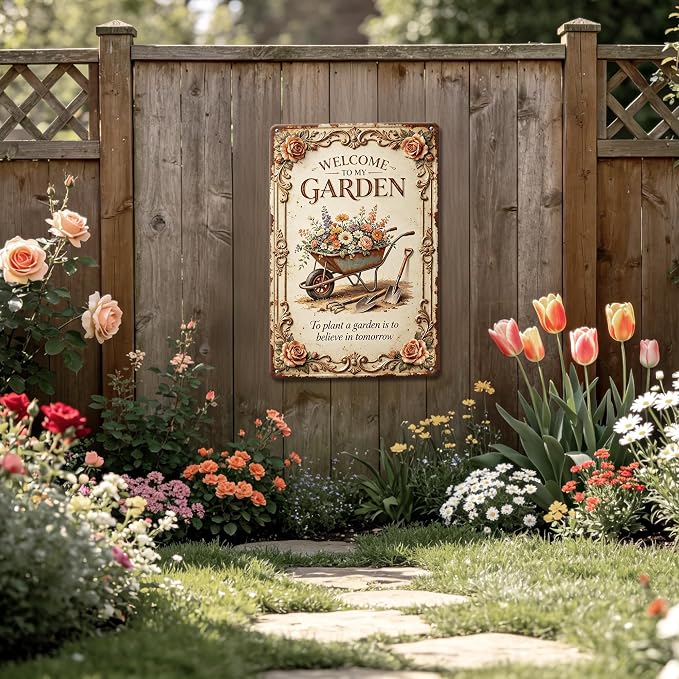 2D Flat Funny Garden Signs, Welcome to My Garden Vintage Outdoor Wall Decor for Patio Yard Greenhouse Home, Waterproof Garden Gifts 8x12 Inch