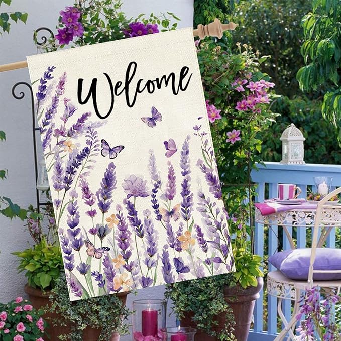Baccessor Spring Welcome Lavender House Flag 28 x 40 Inch Vertical Double Sided Burlap Butterfly Purple Floral Flower Farmhouse Large Flag Holiday Seasonal Porch Outdoor Outside Decoration