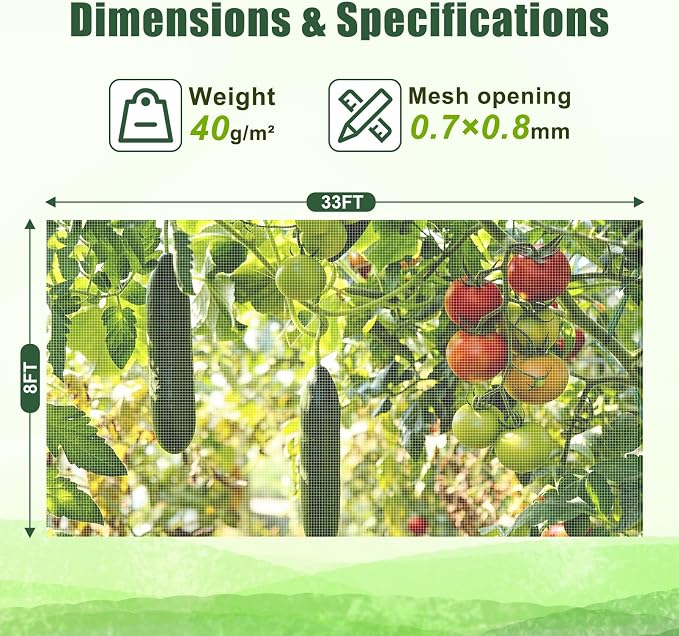 FEED GARDEN Garden Netting 8x33FT Ultra-Fine Mesh PE Cover for Vegetables Fruits Garden Row Cover Raised Bed Durable Protection from Birds Animals
