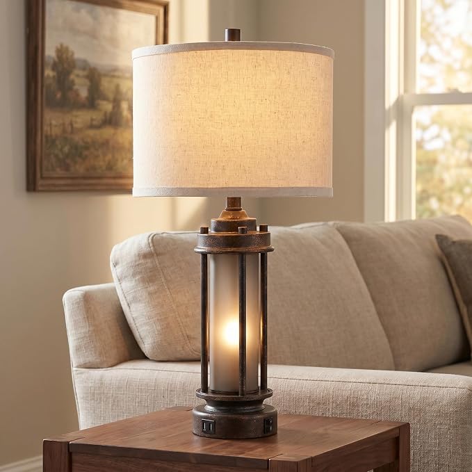 AIEAMPDO 25" Farmhouse Lamps for Living Room with 2 USB C+A Ports | Rustic Vintage Design, Frosted Glass Nightlight, Bulbs Included, Retro Desk Lamp