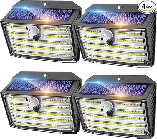 CLAONER Solar Lights Outdoor [𝟒 𝐏𝐚𝐜𝐤/126 LED], Wireless Motion Sensor Lights, IP65 Waterproof Security Lights 3 Modes, 270° Lighting Angle, Ultra-Bright Wall Lights for Deck Patio Fence Garage