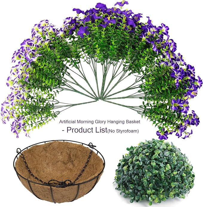 2 Set Artificial Petunias Flowers with Hanging Baskets, 24 Pcs Silk Petunia UV Resistant Purple Faux Petunias Flowers with Hanging Planter for Front Door Porch Spring Outside Decor (2, Purple)