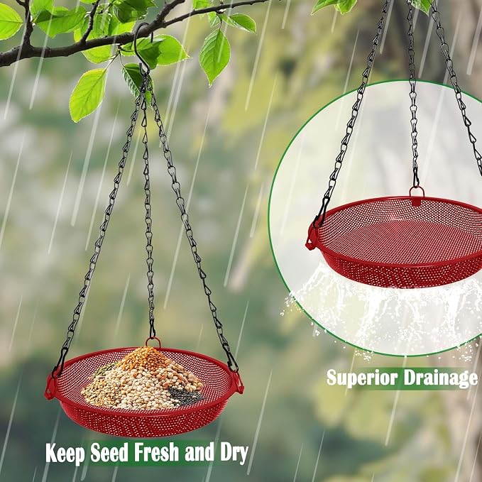 Hanging Bird Feeder for Outdoors – 9 in Metal Mesh Bird Feeder Tray Platform for Finches, Chickadees & Small Birds, Red