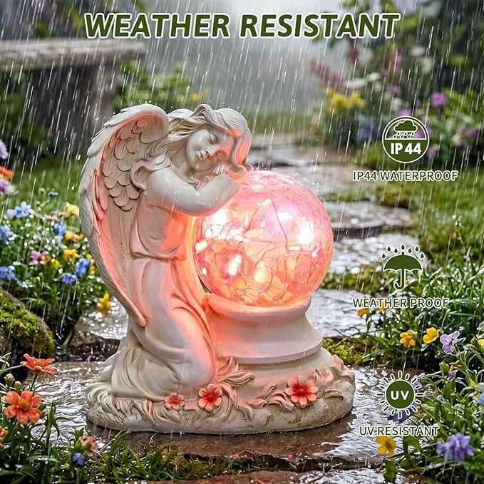 Solar Angel Garden Statue Outdoor, Memorial Angel Figurine with Crackle Glass Ball Resin Garden Decor for Patio Lawn Yard Porch, Gifts for Mom Grandma Women