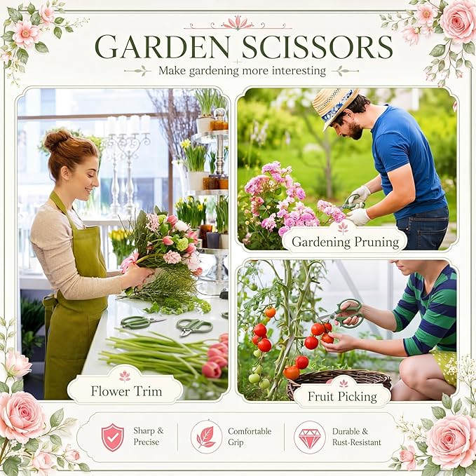 Kigeli 8 Pieces Garden Flower Scissors Floral Shears Garden Pruning Shears with Comfortable Handles for Flower Arrangement Fruit Picking Trimming Household (Green)