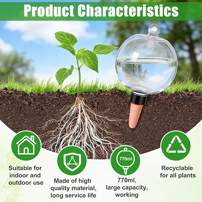 26 oz Extra Large Plant Self Watering Globes Top Fill - Upgraded Plastic Water Bulbs, Slow Release Terracotta Self Watering Planter Insert, Plant Watering Devices System, Water Spikes Stakes (6 Pack)