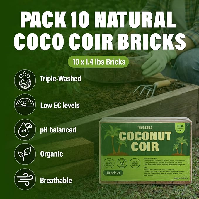 14 Lbs Bricks, Pack 10 Coconut Coir | 1.4 Lbs Each | Organic Compressed Cocopeat, Seed Starter Soil, Coconut Fiber for Reptile Terrarium, Potting Mix | Low EC, pH Balanced, Odor-Free
