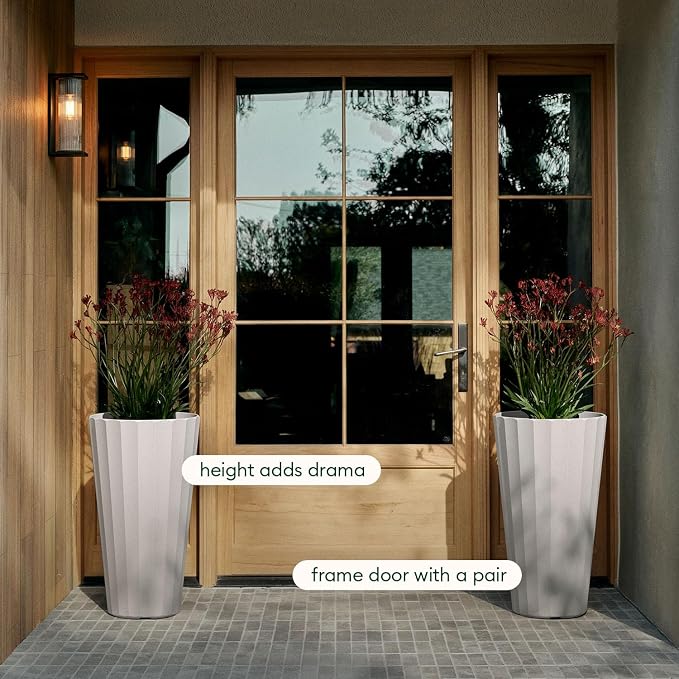 Veradek Column Series 26" Tall Outdoor Planter for Porch & Patio | Durable Plastic-Stone Material w/Shelf | Modern Décor for Plants & Flowers