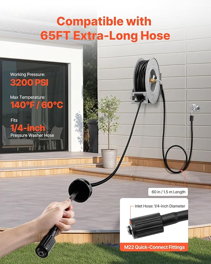 VEVOR Pressure Washer Hose Reel, 65 ft x 1/4 inch Retractable Power Heavy-Duty Steel Washer Hose Reel, 3200PSI Max, Auto-Rewinding, Flexible Wall/Floor Mounted for Car Washing,Garden,Floor Cleaning