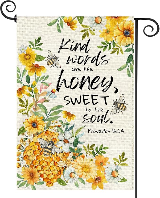 Baccessor Summer Bee Garden Flag 12.5x18 Inch Double Sided Burlap, Kind Word Honey Sweet Yellow Floral Flowers Holiday Front Yard Lawn Outdoor Outside Decoration
