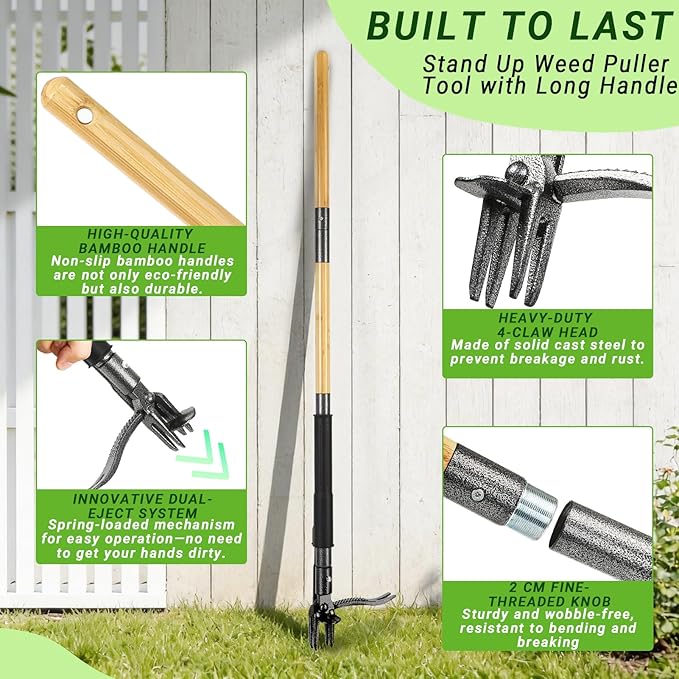 Weed Puller Tool, Heavy Duty Gardening Hand Tools with 4-Claw Steel Head & Dual-Eject Mechanism, 43.5" Bamboo Long Handle Stand Up Weeding Tool for Lawn Yard, Includes 16 Gallon Leaf Bag | 4-Claw Steel Head,Dual-Eject Mechanism,43.5" Bamboo Long Handle