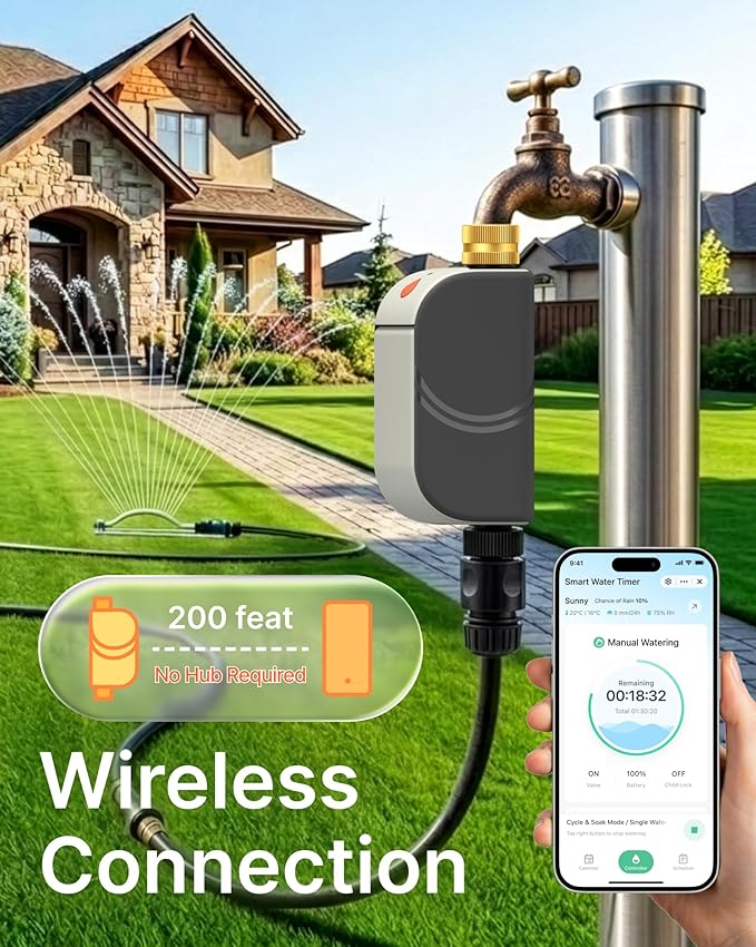 Smart Bluetooth Water Timer for Garden Hose, Heavy-Duty Brass Inlet Water Hose Timer Outdoor, Set & Forget Programmable Irrigation Controller with App, One-Button Manual Watering, IP65 Waterproof