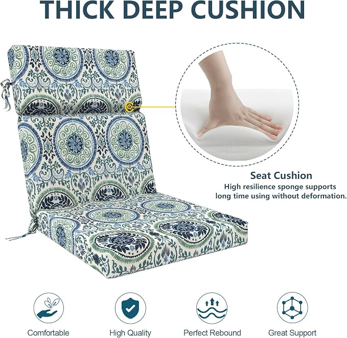 DYTXIII Outdoor High Back Chair Cushions Set of 2, 44"x22" Water Repellent Patio Seat Cushions with Elastic Sponge, All Weather Chair Pads for Rocking, Dining Chairs, Patio Furniture - Wreath Blue