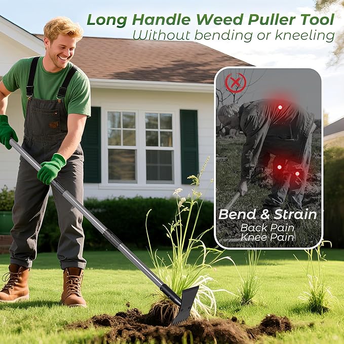 Walensee Weed Puller Tool with 64" Long Handle,2 in 1 Portable Manual Weeder Remover Tool with Weed Rake, Garden Hoe for Weeding, Heavy Duty Uprooting Weed Puller for Yard, Lawn, Garden and Patio