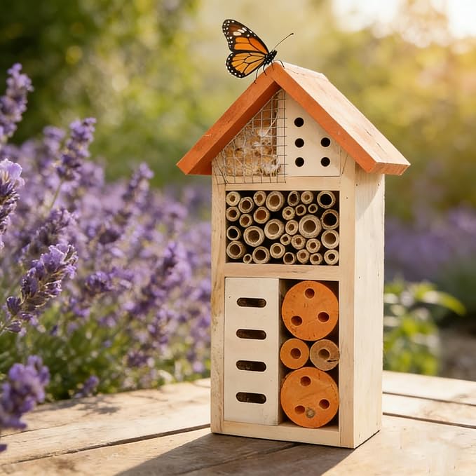 Lovebirds Pet Product Hanging Wooden Insect Hotel,House for Bee, Butterfly, Ladybirds,Insect Houses for the Garden Decor, 26x14.5x8cm, Bee House for Garden Pollinators