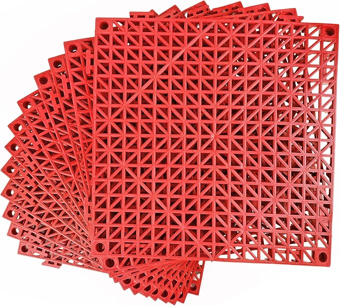 MYFAMIREA Modular Interlocking Cushion 12 Pack 11.8" x 11.8" Rubber Floor Tiles Non-Slip Splicing Drainage Mats for Deck, Pool, Outdoor Shower, Patio, Balcony, Indoor Bathroom, Kitchen, Yard (Red)