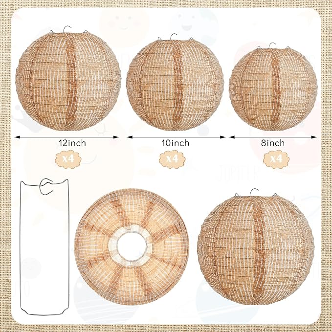 Hortsun 24 Pcs Print Burlap Paper Lanterns Round Chinese Paper Lanterns Farmhouse Boho Classroom Home Decor Classroom Sweet Birthday Party Ceremonial Event (8/10/12 Inch)
