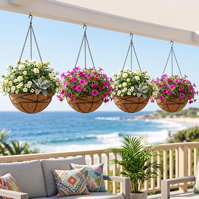 4 Pack 14 Inch Hanging Baskets for Plants Outdoor Large Flower Planters with Coco Liner for Outside Panting Watering Plant Pot Holder for Home Garden Porch Balcony Railings Decor