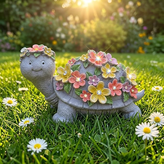 Solar Turtle Statues Garden Decor - Cute Turtle Figurine with Flowers Solar Lights, Tortoise Statue for Outdoor Yard, Lawn, Patio Decoration - Birthday Gifts for Mom Grandma Women