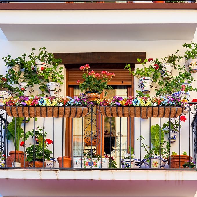Tessco for you 2 Pack 48 Inch Window Baskets with Coconut Liner 4 Adjustable Flower Brackets Window Deck Planters Boxes Railing Planter Metal Hanging Flower Planter for Indoor Outdoor Lawn