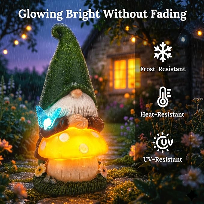 Solar Garden Gnome Statue with Glowing Mushroom & Butterfly Light, 9" Resin Solar Gnome Outdoor Waterproof LED Garden Decor for Yard Lawn Patio Pathway, Cute Garden Gnome Gift for Dad Father’s Day