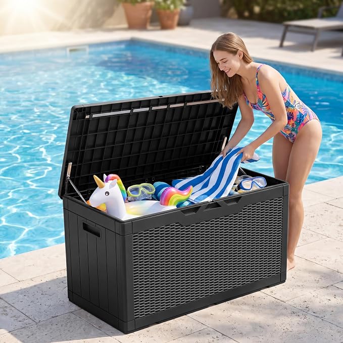 JUMMICO 100 Gallon Resin Deck Box with Cushion, Waterproof Outdoor Storage Box with Lockable Lid for Garden Tools, Patio Cushions (Black)